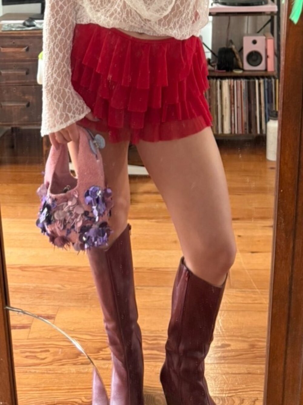 Norma Kamali Ruffle Low Rise Shorts Red Size S